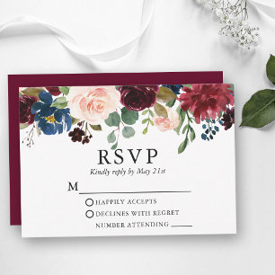 Boda acuarela burgundy azul rosa floral RSVP