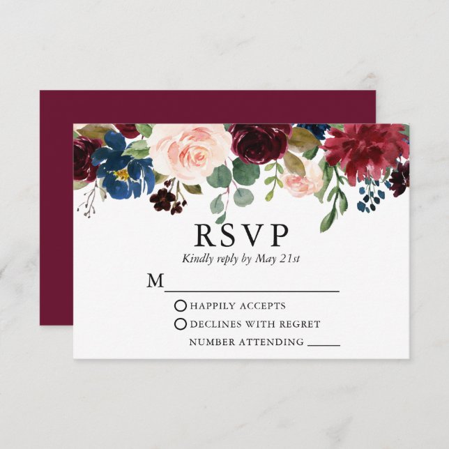 Boda acuarela Burgundy Azul rosa Floral RSVP (Anverso / Reverso)