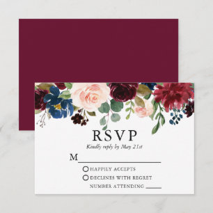 Boda acuarela Burgundy Azul rosa Floral RSVP 