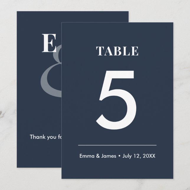 Boda Ampersand Navy | Número de Mesa Moderno (Anverso / Reverso)