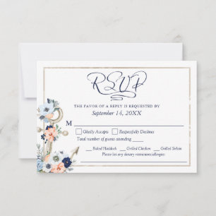 Boda Ancla Náutica Azul Marina Melocotón Menú RSVP