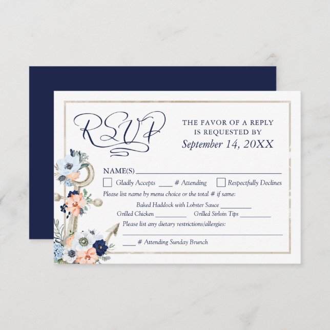 Boda Ancla Náutica Azul Marino Melocotón RSVP (Anverso / Reverso)
