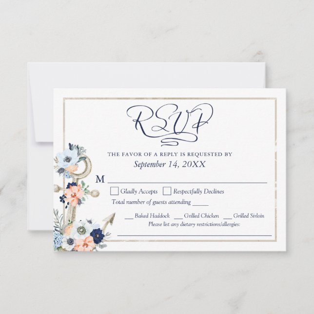 Boda Ancla Náutica Naval Azul Menú RSVP (Anverso)