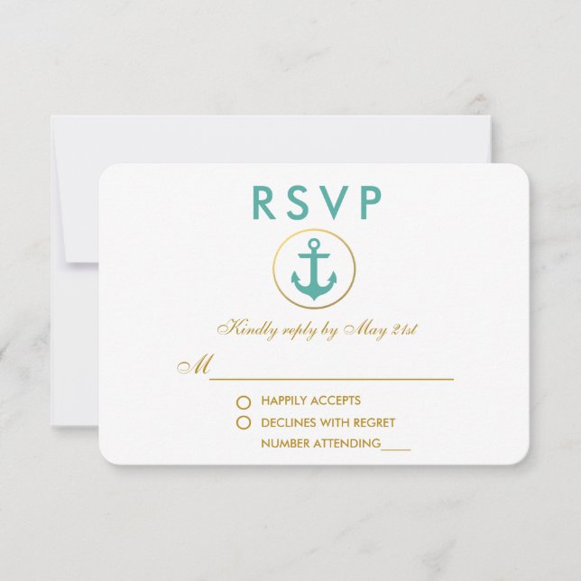 Boda Anclaje Náutico Oro Verde azulado RSVP (Anverso)