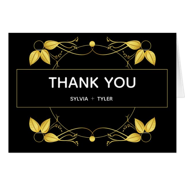 Boda Art Deco Gold Black Leaf Gracias (Anverso (Horizontal))