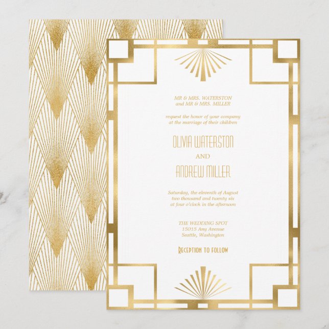Boda Art Deco | Invitaciones doradas y blancas (Anverso / Reverso)