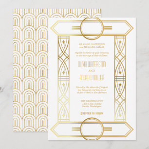 Boda Art Déco Invitaciones doradas y blancas