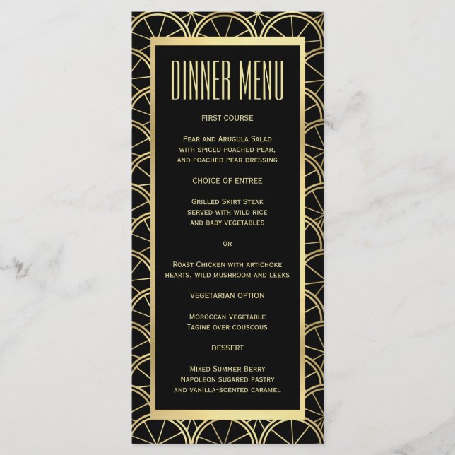 Boda Art Deco Menú de cena delgado negro y dorado (Anverso)
