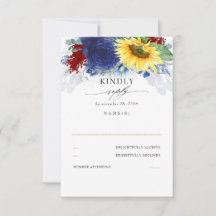 Boda azul girasol amarillo y caída roja RSVP