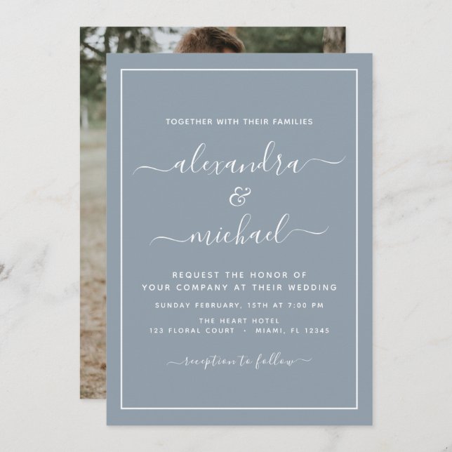 Boda azul turbio con invitación fotográfica (Anverso / Reverso)