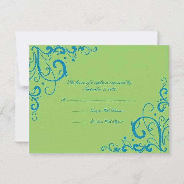 Boda azul y verde floreciente RSVP (Anverso)