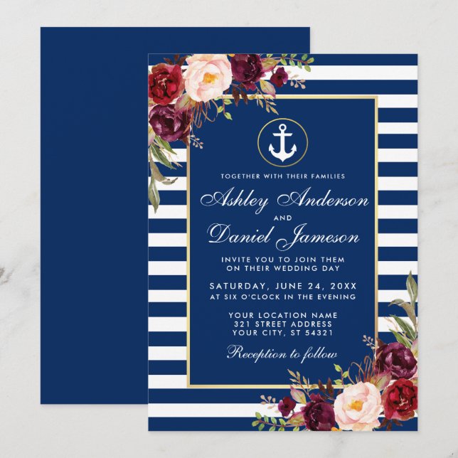 Boda Bandas Azules Náuticas Borgoña Invitación B (Anverso / Reverso)