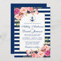 Boda Bandas Azules Náuticas Invitación Floral Rosa