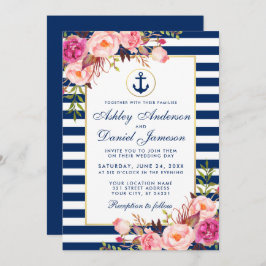 Boda Bandas Azules Náuticas Invitación Floral Rosa
