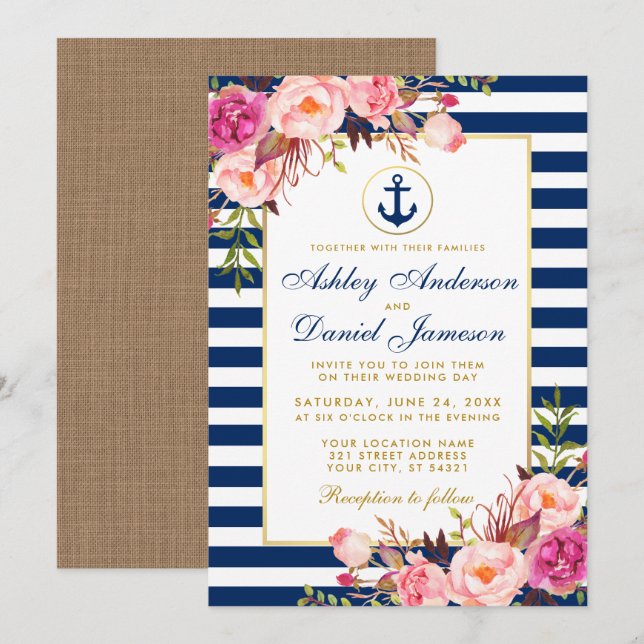 Boda Bandas Azules Náuticas Invitación Floral Rosa (Anverso / Reverso)