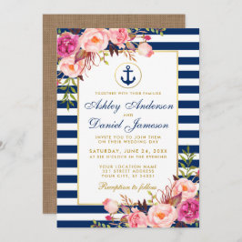 Boda Bandas Azules Náuticas Invitación Floral Rosa