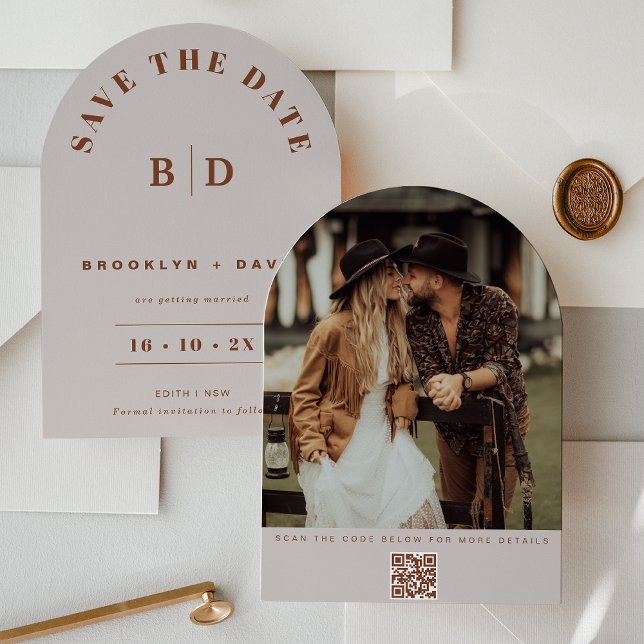 Boda Beige De Arca Moderna Ahorra La Tarjeta De Fe (Terracotta Beige Arch Save The Date, Couples Photo, QR code, Modern Arch Save The Date Card, Wedding)