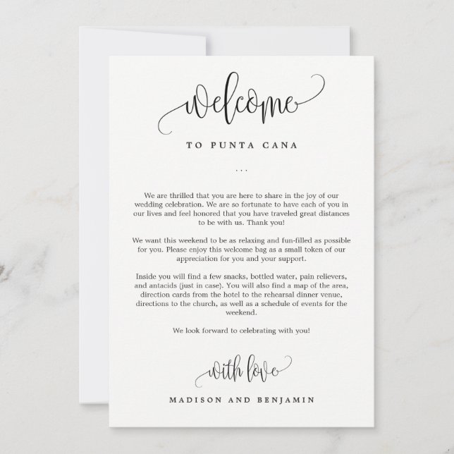 Boda Bienvenida Tarjeta Itineraria Bonita Caligraf (Anverso)