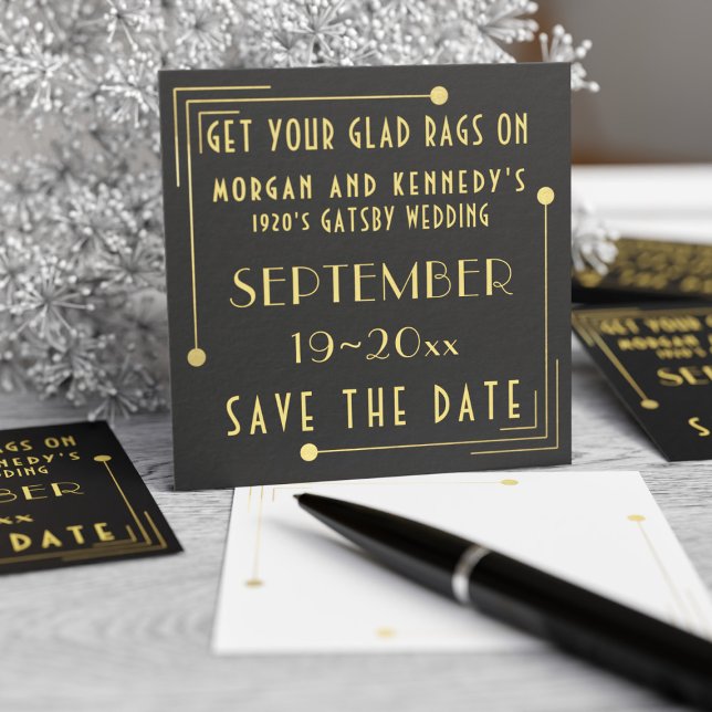 Boda Black Gold de los años 1920 Salven el paquete (A pack of 100 business card sized save the dates for your Gatsby Wedding. Just add your detail)
