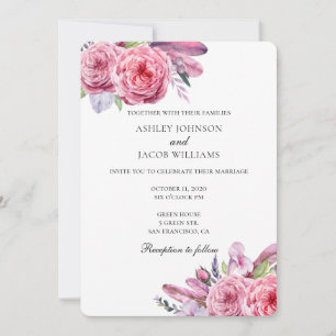 Boda boho. Invitación floral rosa. Plumas