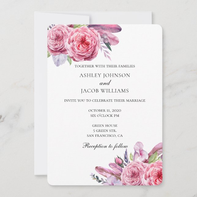 Boda boho. Invitación floral rosa. Plumas (Anverso)