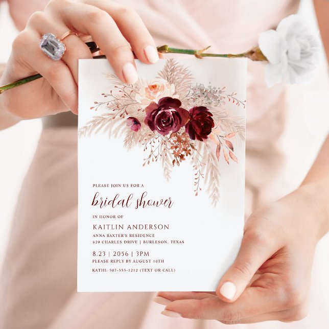 Boda Boho Invitaciones Burgundy Pampas Grass Rosas (Subido por el creador)