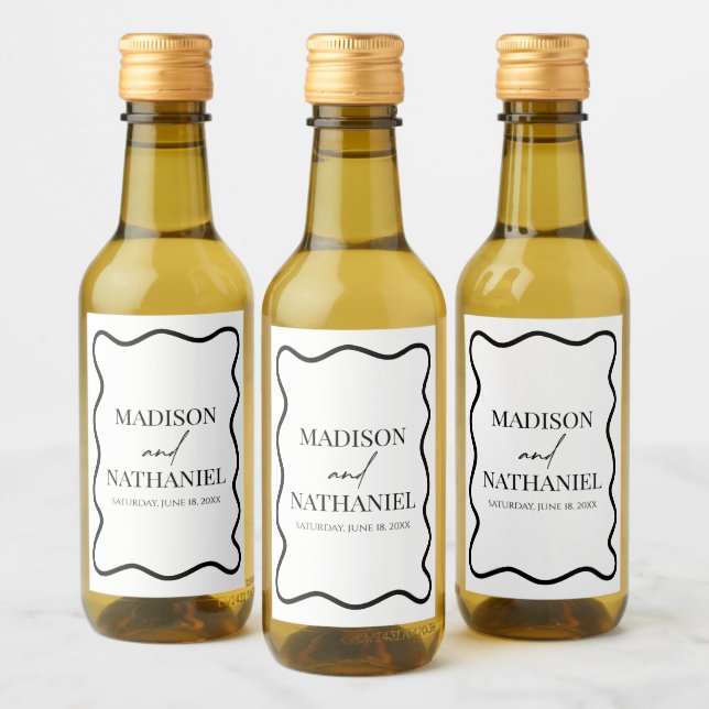 Boda Borde Ondulado Elegante Blanco Negro (Botellas)