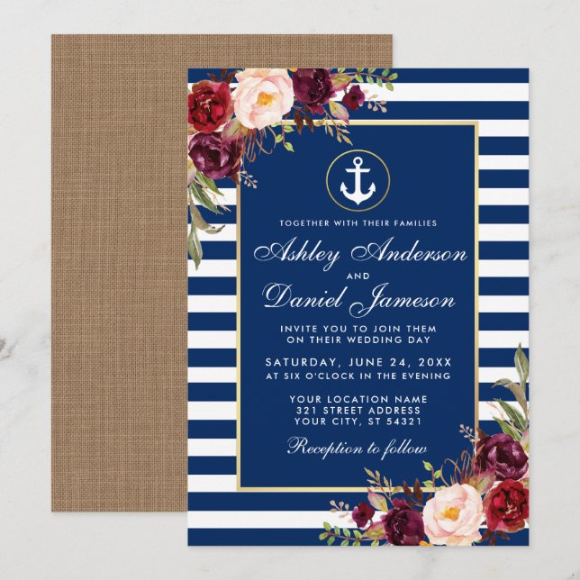 Boda Borgoña Bandas Azules Náuticas Invitación B (Anverso / Reverso)
