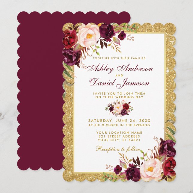 Boda Borgoña Purpurina de oro Floral Invitación S (Anverso / Reverso)