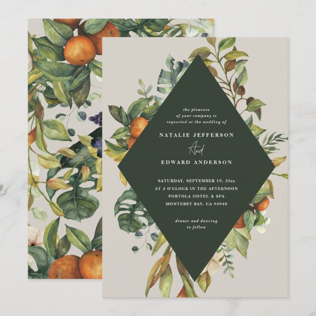 Boda botánica acuarela de naranja cítrica (Anverso / Reverso)