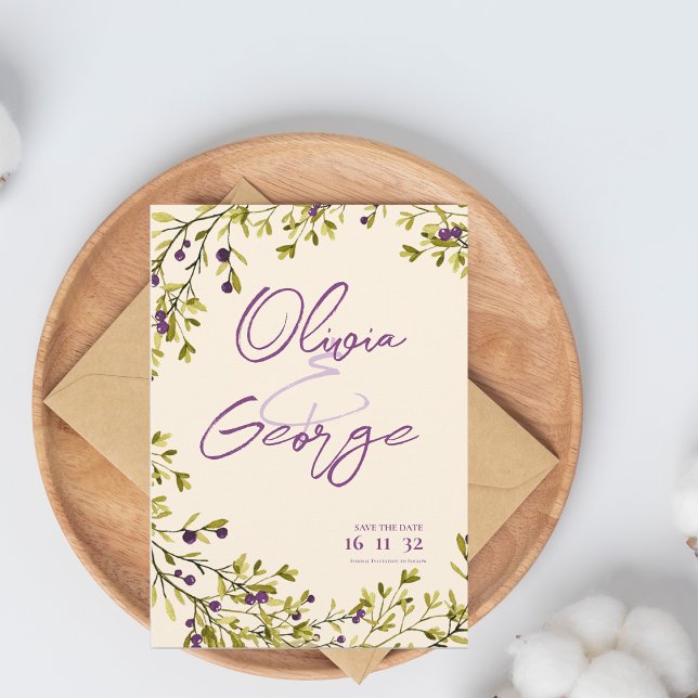 Boda botánica morada de Berry salva la fecha (Purple Berry Botanical Wedding Save the Date)