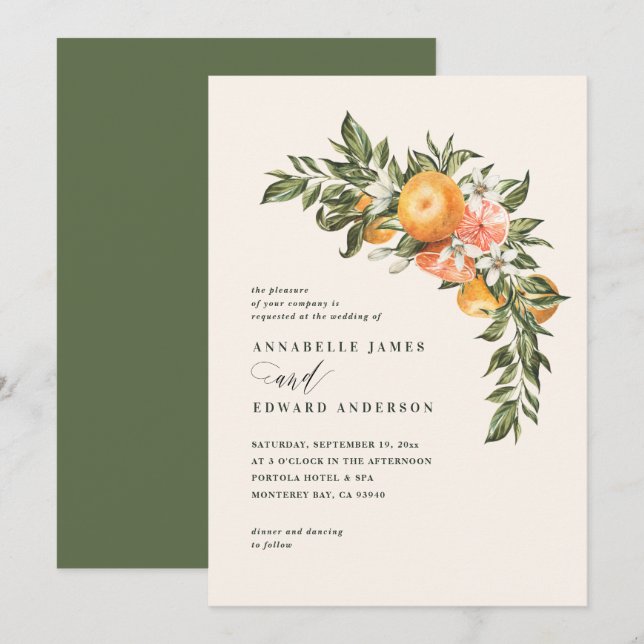 boda botánico de acuarela de flor cítrico naranja (Anverso / Reverso)