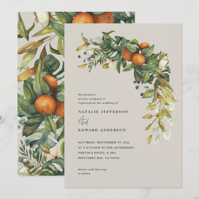 boda botánico de acuarela gris de cítricos naranja (Anverso / Reverso)