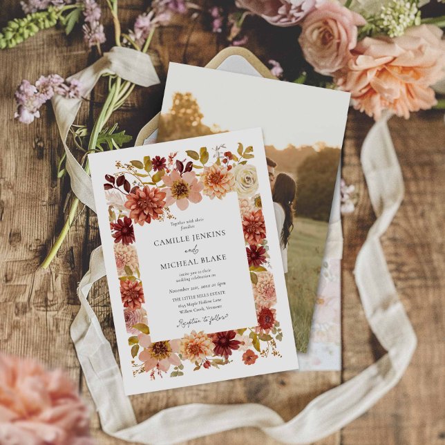 Boda Botánico de Boho Fall Invitación a la fotogra (Rustic Botanical Fall Photo Wedding invite)