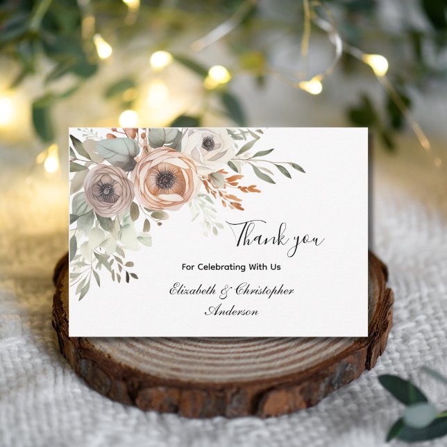 Boda botánico de vegetación floral beige Gracias (Beige White Greenery Watercolor Florals Flowers Neutral Colors Wedding Thank you cards)