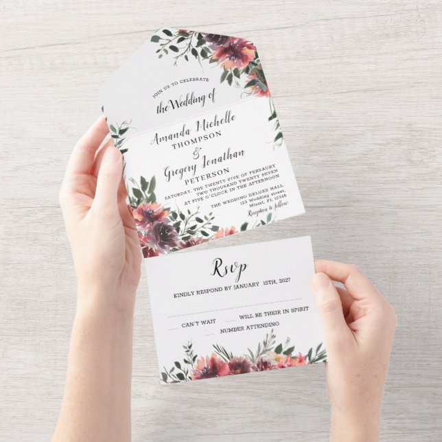 Boda Botánico Rojo Floral Todo En Una Invitación (desgarro)