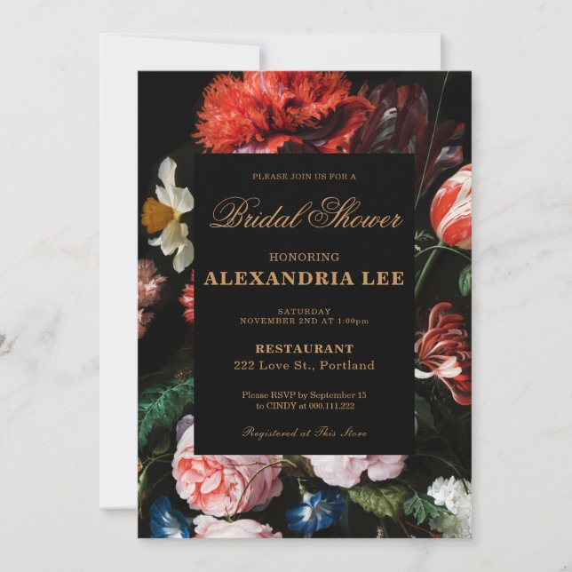 Boda Bridal Shower Invitación Floral Negra (Anverso)