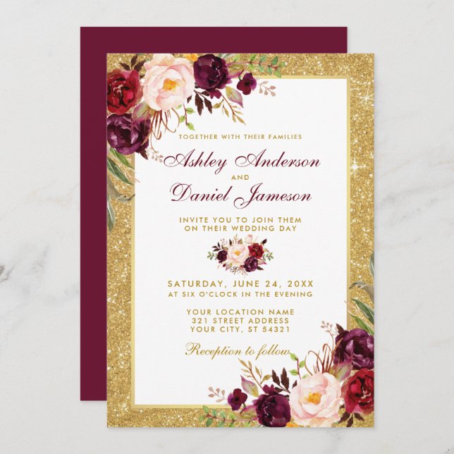 Boda Burgundy Floral Gold Invitación Purpurina B (Anverso / Reverso)
