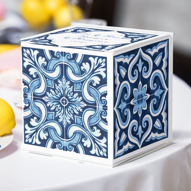 Boda caja de favores azules azulejos mediterráneos (Wedding sweet favor box blue Mediterranean Majolica tiles wedding favor gift box wedding favors)