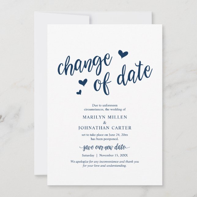 Boda, cambio de fecha, azul marino, Invitación (Anverso)