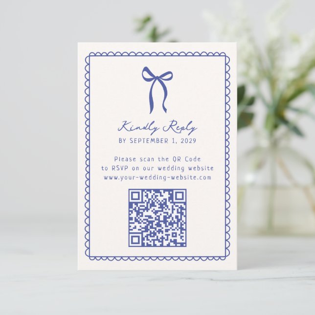 Boda caprichoso de mano azul código QR Rsvp (Anverso de pie)