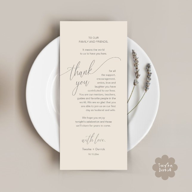 Boda Cena Lugar Establecimiento Moderno Tarjeta De (Modern Wedding Dinner Brunch Place Setting Thank You Card romantic in aesthetic Cream Grey)