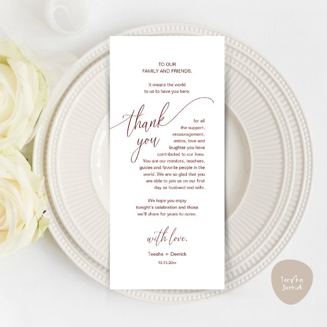 Boda Cena Lugar Establecimiento Moderno Tarjeta De (Modern Wedding Dinner Brunch Place Setting Thank You Card romantic in aesthetic burgundy red)