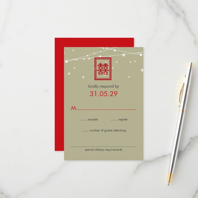 Boda chino doble felicidad luces de hadas RSVP (Anverso/Reverso In Situ)
