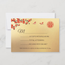 Boda chino RSVP con flores de cerezo rojo de oro