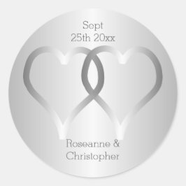 Boda Clásico Pegatina Redondo Corazones Plateados