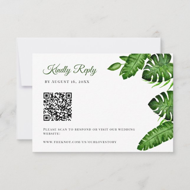 Boda con código QR tropical RSVP hojas de Monstera (Anverso)