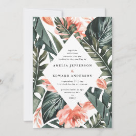 Boda con follaje de hoja tropical y rosa coral