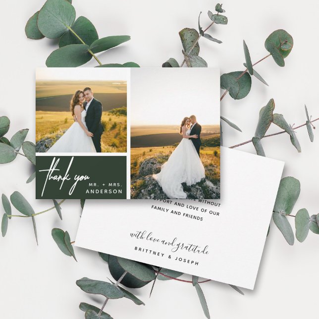 Boda con foto 2 de guión moderno verde bosque (Two photo hand lettered thank you wedding card with a minimalistic design perfect for any couple.)