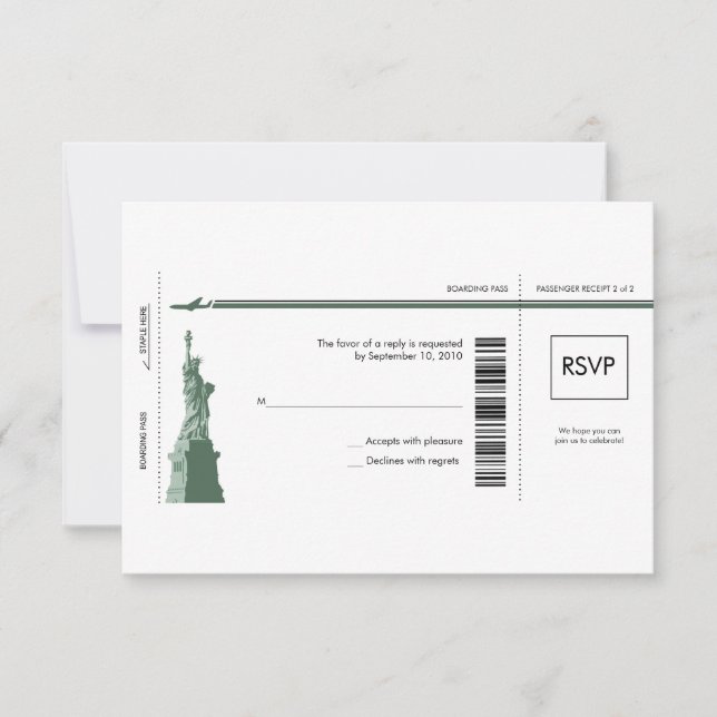 Boda con tarjeta de embarque de Nueva York RSVP (Anverso)